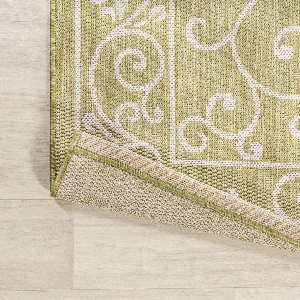 2' x 8' Charleston Vintage Filigree Textured Weave Indoor/Outdoor Runner Rug, Green/Cream - JONATHAN Y