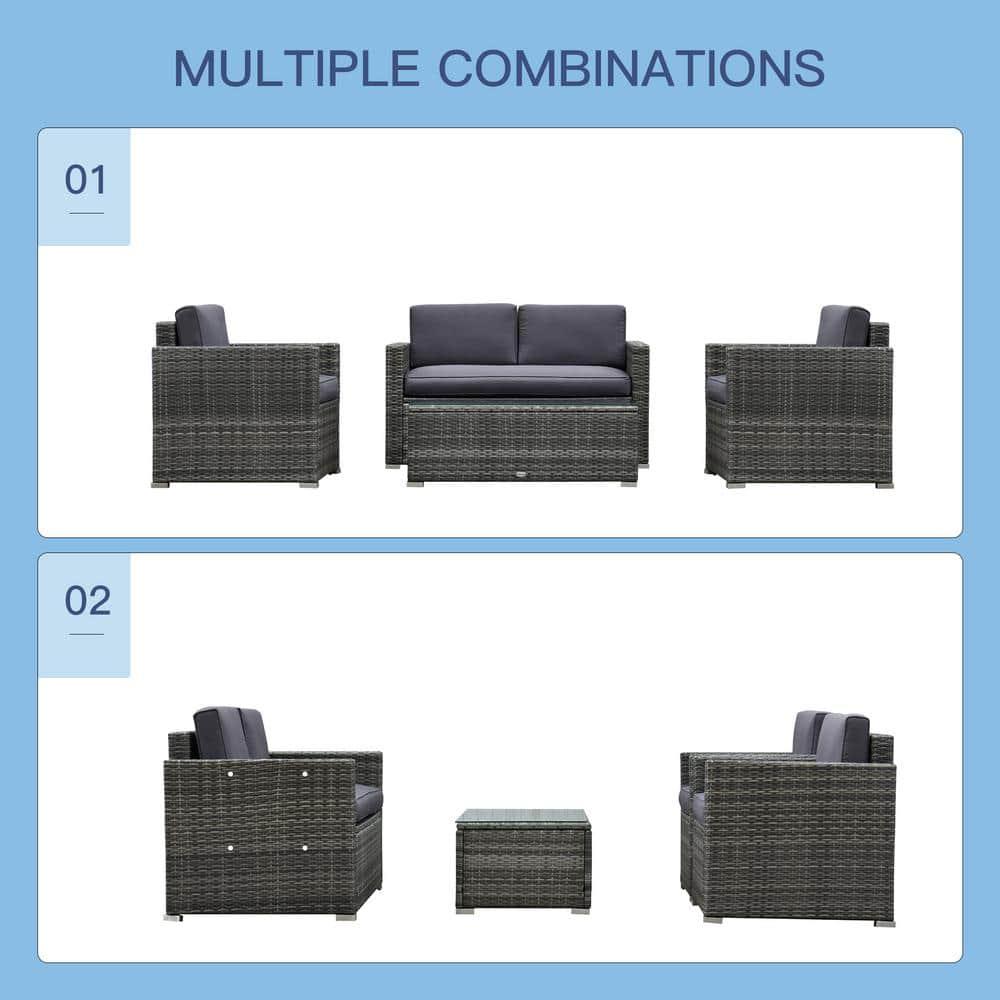 Outsunny 4-Piece Rattan Wicker Furniture Set, Outdoor Cushioned Conversation Furniture with 2 Chairs, Loveseat, and Glass Coffee Table, Gray