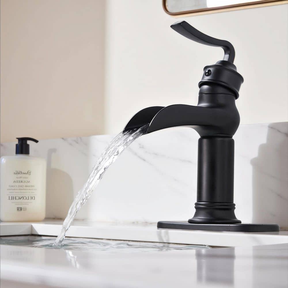 FORIOUS Black Waterfall Bathroom Faucet, Single Handle Antique Bathroom Sink Faucet with Deck Plate, Lead-Free CUPC Hose and Metal Pop-up Drain for 1 Hole or 3 Hole Farmhouse, Lavatory, Vanity