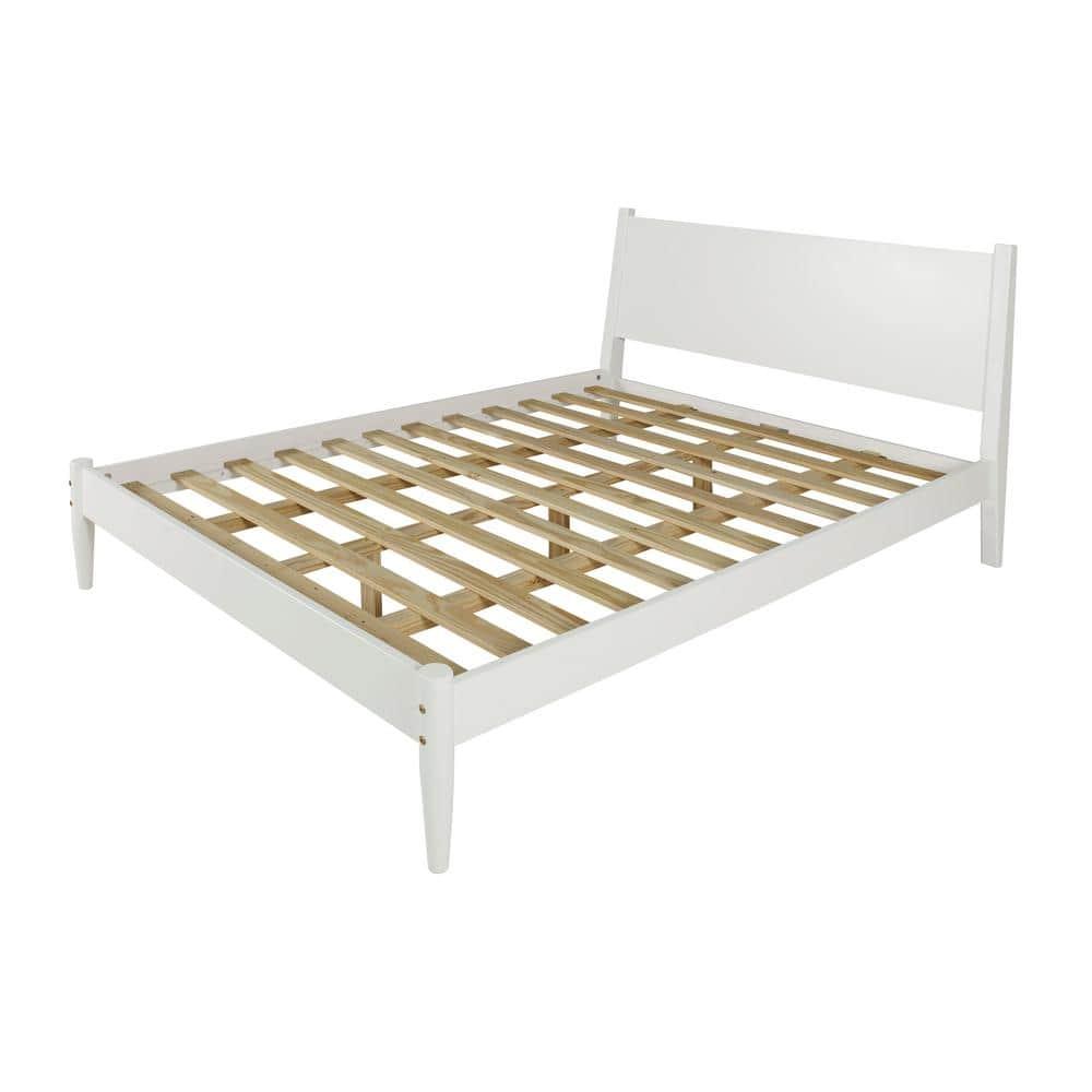 Camaflexi Mid Century Platform Bed Wood Panel Bed Frame with Headboard, Queen, White