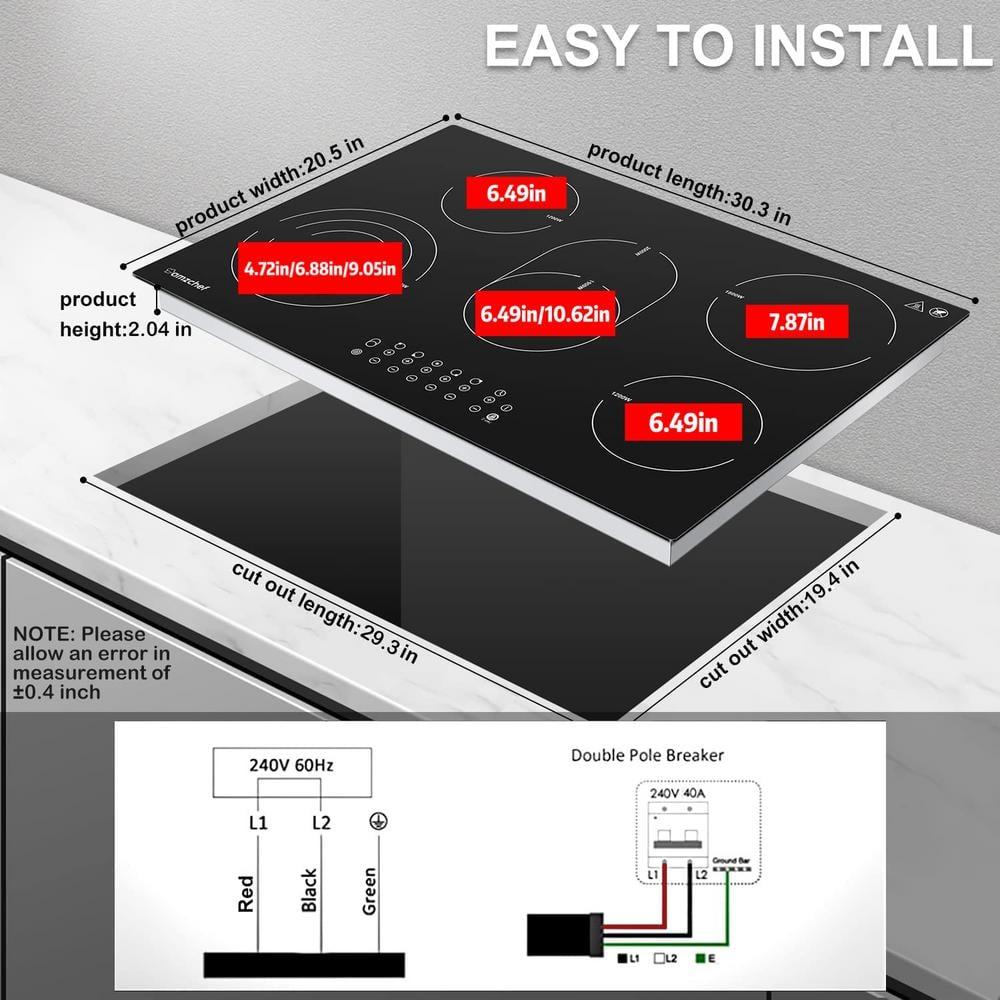 30 Inch cooktop,8500 Watt 5 Stoves,9-section heating Burner,Timer function,Waste heat alarm,Touch control,Scratch-resistant vitro ceramic glass