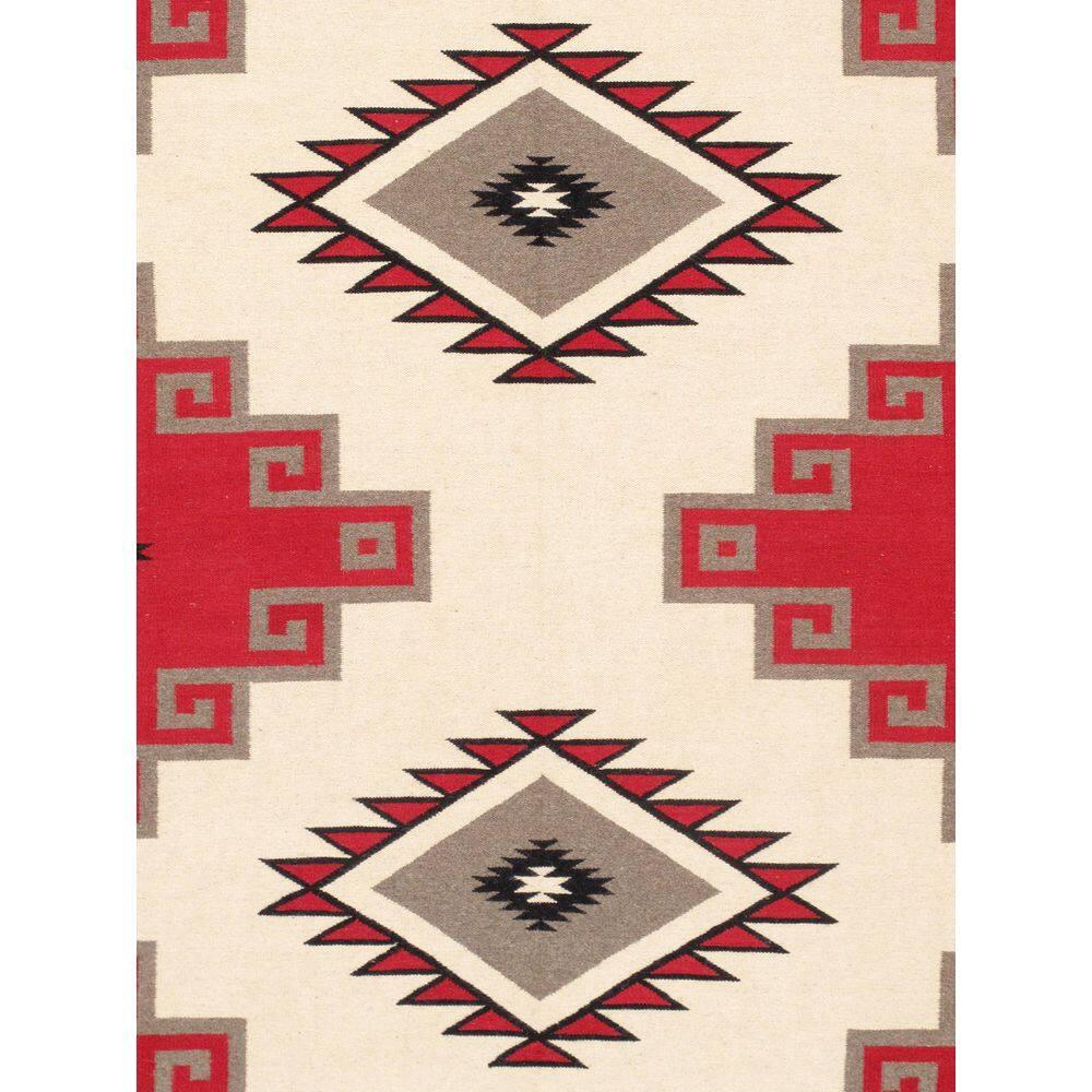 Ivory and Red Geometric Wool 8' x 10' Handmade Rug