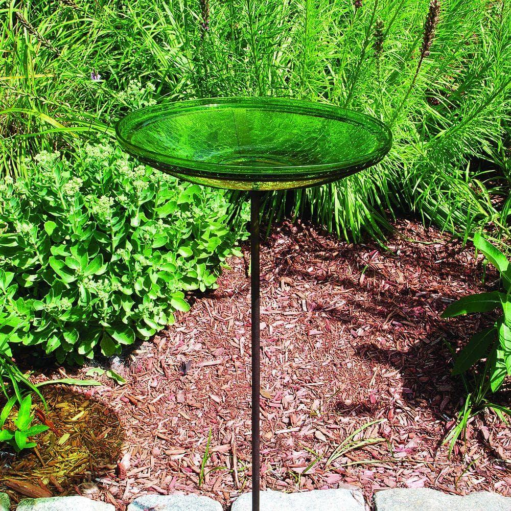 Winston Porter Crackle Glass Birdbath Bowl with Stake, 14-in