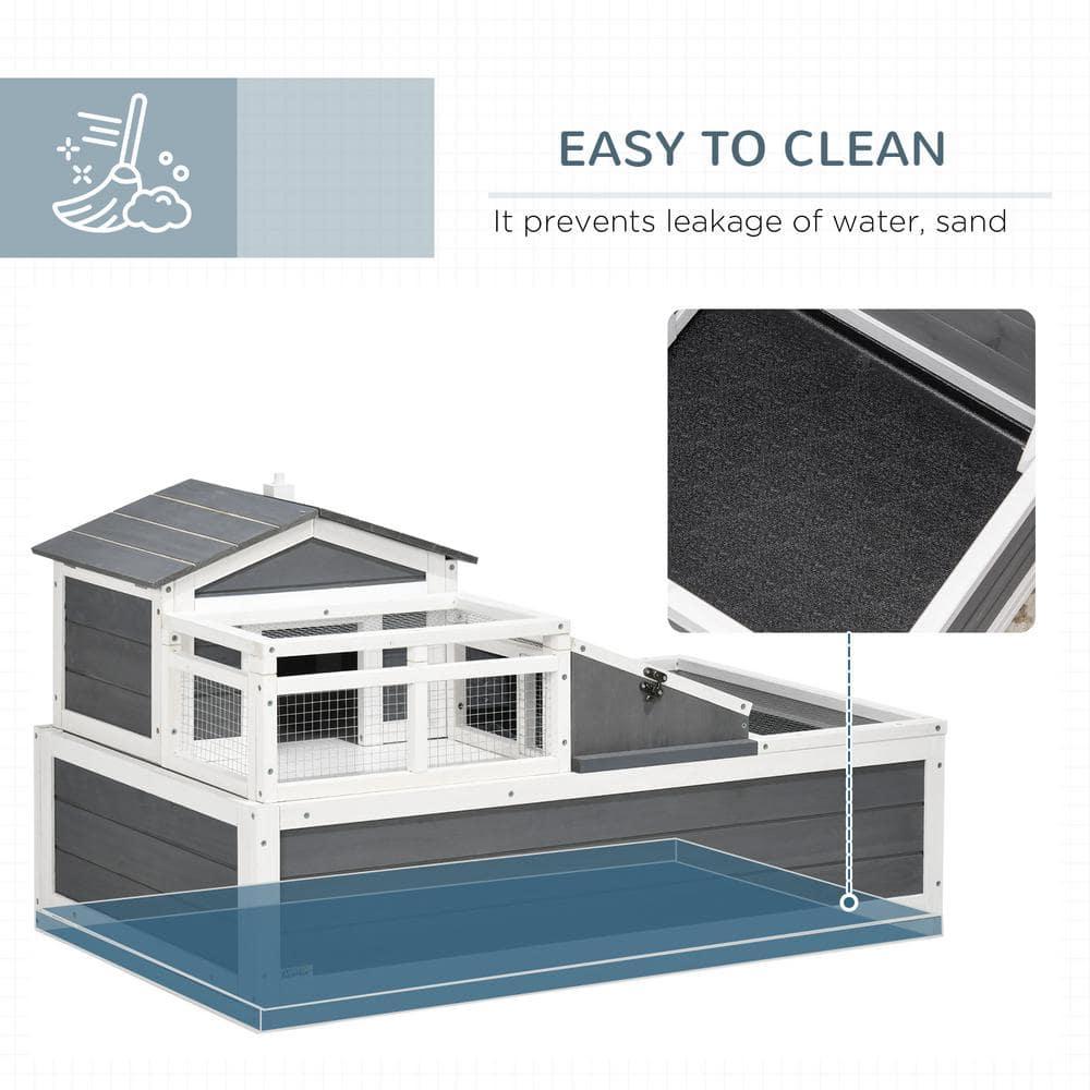 PawHut 3-Room Tortoise Habitat House w/ Balcony & 2 Stories, Wooden Indoor/Outdoor Tortoise Enclosure, Large Reptile Cage, 44" x 25.5" x 25", Gray