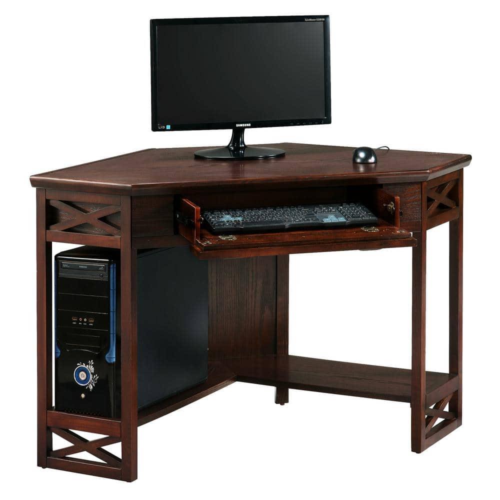 Leick Home 81430 Corner Computer/Writing Desk with Drawer and Shelf, Made with Solid Wood, Chocolate Oak