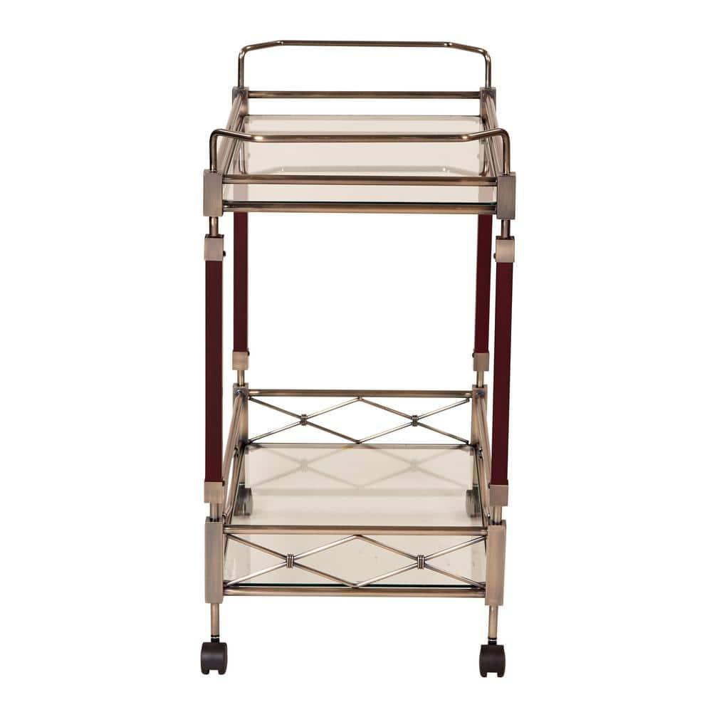 Melrose Serving Cart Antique Brass - OSP Home Furnishings: Mid-Century Glass Top, Metal Frame with Casters
