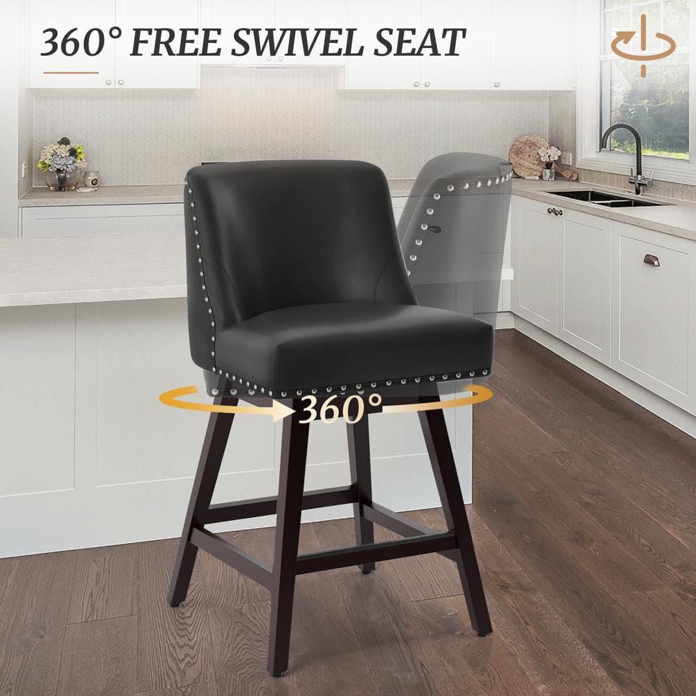 Dycanpo 26''H Swivel Bar Stools with Back Sets of 2 Faux Leather for Home Kitchen Island, Black