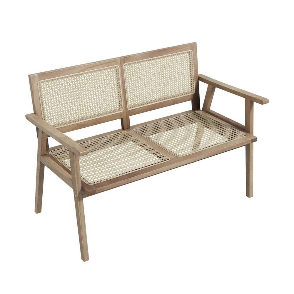 Tangkula Outdoor Teak Wood Garden Bench, 2-Person Patio Bench with Armrests, Rattan Backrest & Seat, Patio Garden Bench for Porch, Lawn, Balcony and Backyard, Natural