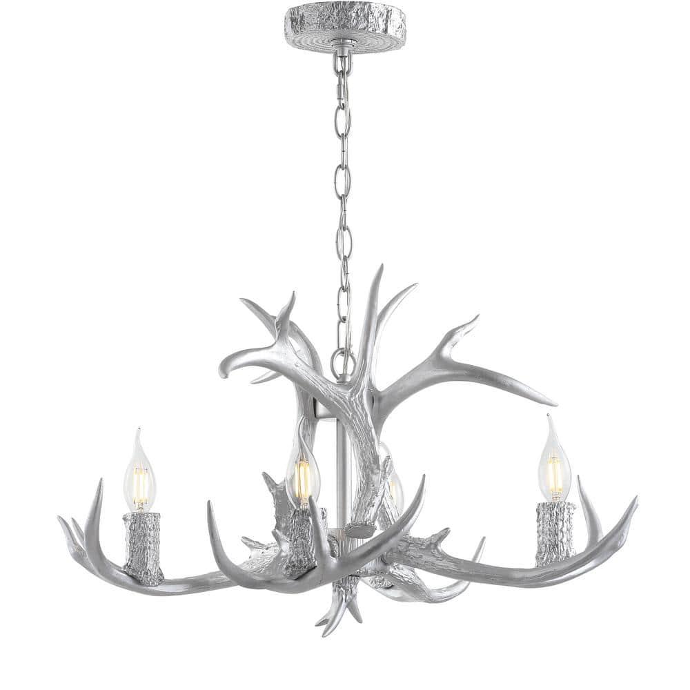JONATHAN Y JYL6301C Eldora 26" Adjustable Resin Antler 4-Light LED Chandelier, Farmhouse, Glam, Transitional, Rustic, Cottage for living room, dinning room, bedroom, office Bulb Included, Silver