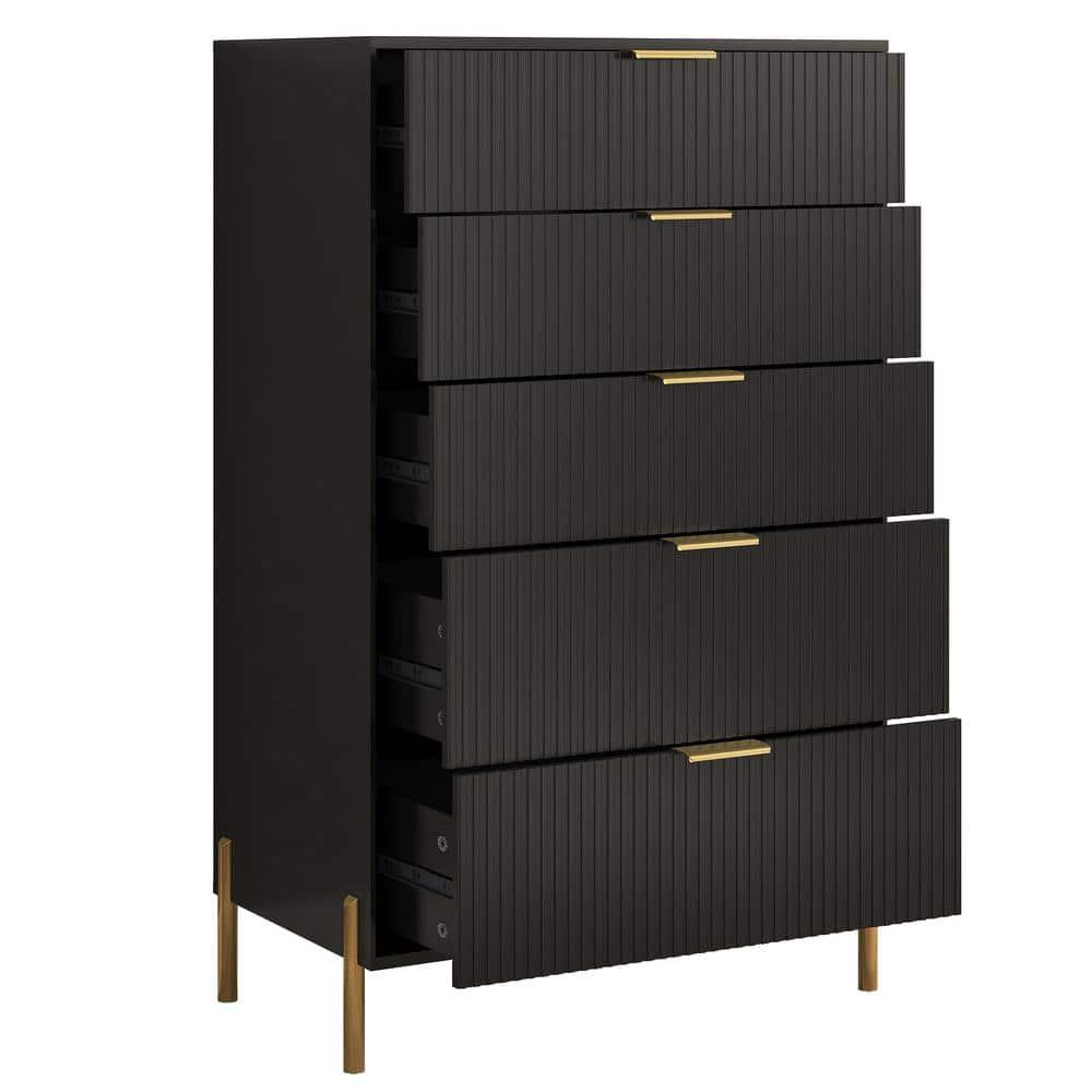 Festivo 5 Drawer Chest of Drawers Black: Modern Vertical Dresser, MDF Construction, Includes Anti-Tip Hardware