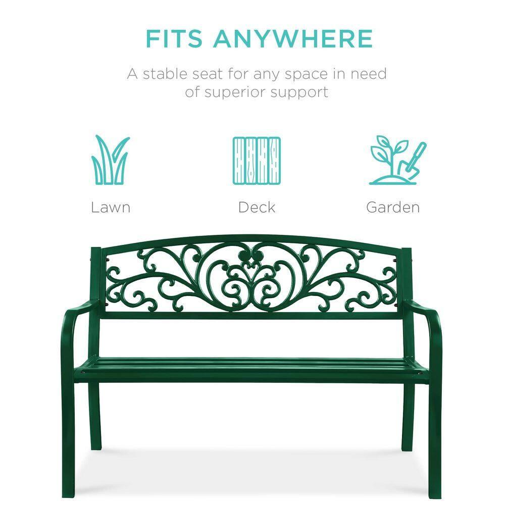 World Menagerie Outdoor Steel Bench with Floral Backrest & Slatted Seat, Marigold for Garden, Patio, Porch, Lawn, and Deck