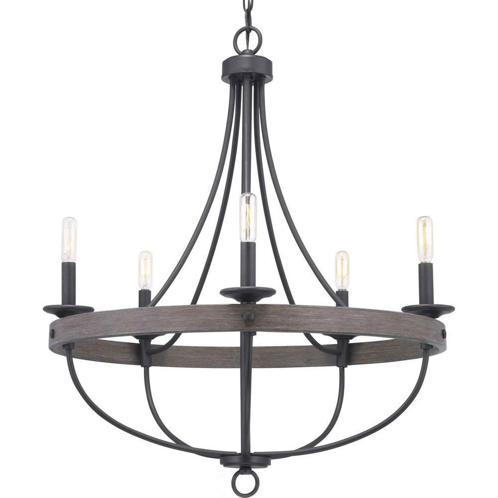 Progress Lighting Gulliver 5-Light Chandelier, Graphite Finish, Wood Grained Texture Shade