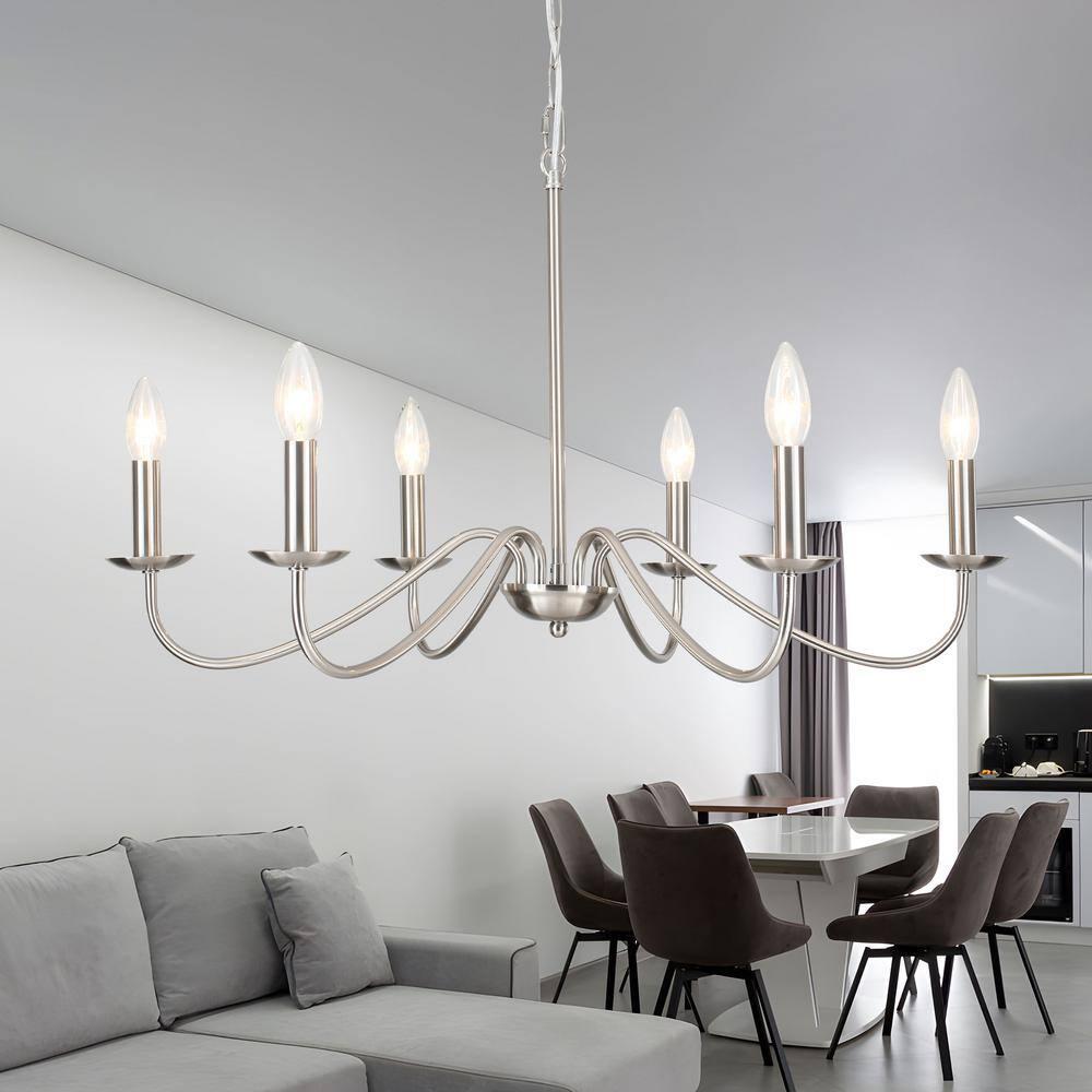 6-Light Farmhouse Chandelier for Dining Room Lighting Fixtures Hanging Brushed Nickel Chandelier for Kitchen Industrial Pendant Candle Lighting or Living Room Entryway Bedroom Foyer
