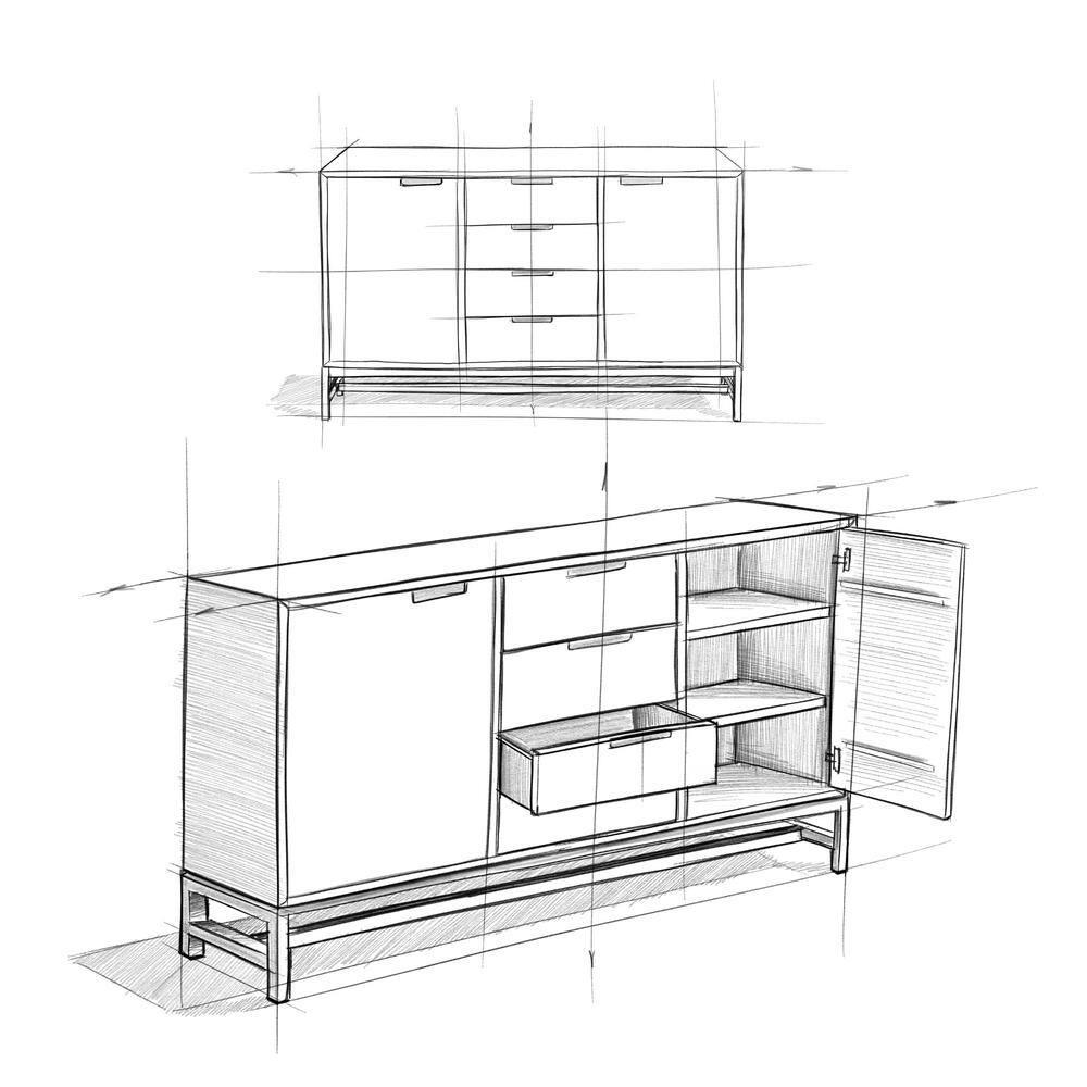 Simpli Home Banting 60"W Solid Wood Industrial 2-Door Sideboard Buffet with 4 Center Drawers