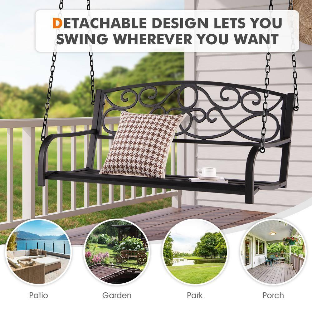 Resenkos Porch Swing, 2-Person Outdoor Porch Metal Hanging Swing Chair with Sturdy Chains-Brown, Hanging Outdoor Porch Swings for Garden, Backyard