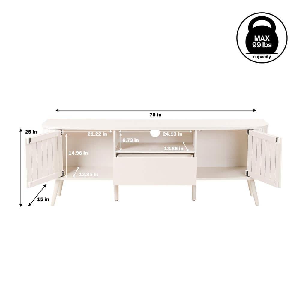 JONATHAN Y Damien 70 in. Farmhouse Curved TV Stand with Drawer and Storage Doors Fits TVs up to 75 in. with Cable Management, Off-White