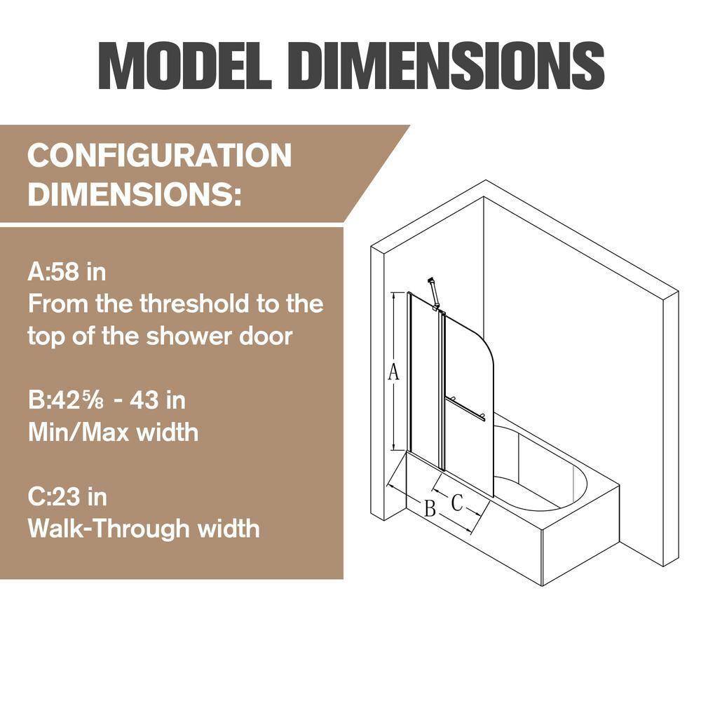 43"W x 58"H Frameless Folding Pivot Bathtub Door with 6mm Thick Clear Tempered Glass Door