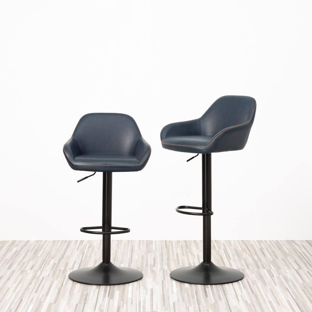 Glitzhome  42"H Mid-Century Adjustable Faux Leather Swivel Bar Stools Low Back Navy Blue Set of 2 Foam, Steel Faux Leather, Foam Footrest, Padded