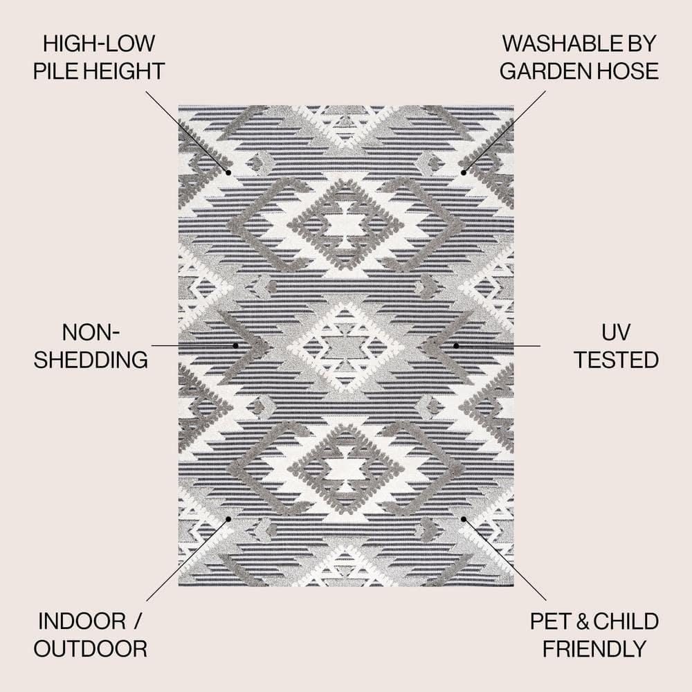 8'x10' Sumak High-Low Pile Neutral Diamond Kilim Indoor/Outdoor Area Rug, Gray/White/Black - JONATHAN Y