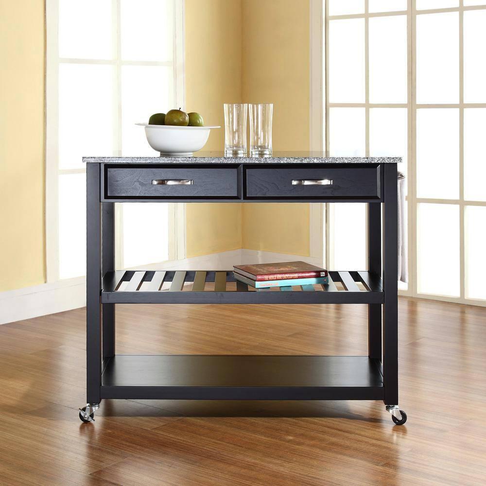 Solid Granite Top Kitchen Cart/Island with Optional Stool Storage - Black - Crosley: Wheeled with Storage Shelves