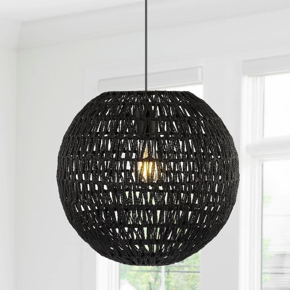 Luna 15.75" 1-Light Bohemian Modern Woven Rattan/Iron LED Pendant, Black