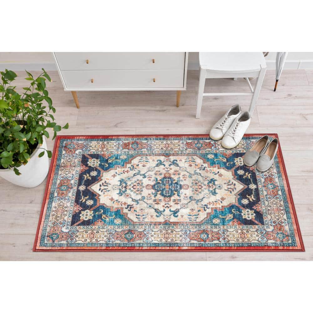 Ocean Medallion Navy 2 ft. x 3 ft. Machine Washable Traditional Indoor Area Rug