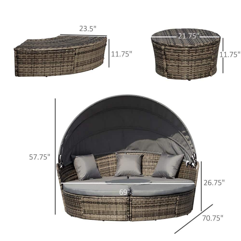 Outsunny Round Daybed, 4-piece Cushioned Outdoor Rattan Wicker Sunbed or Conversational Sofa Set with Sun Canopy, Dark Gray