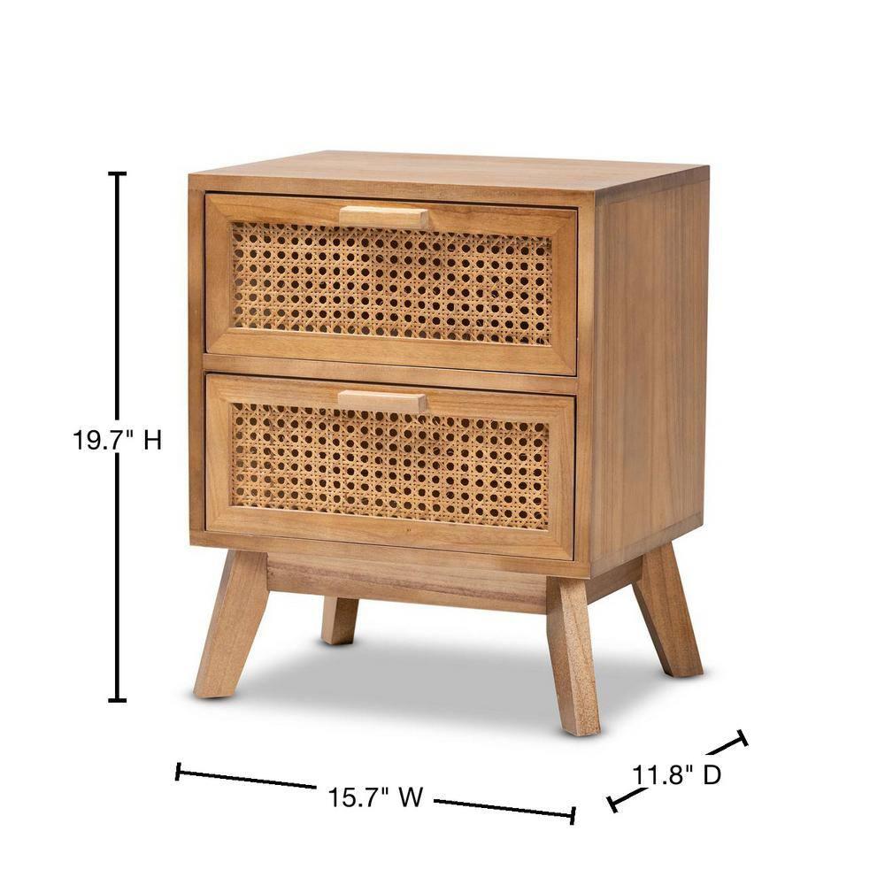 Baxton Studio Baden Mid-Century Modern Walnut Brown Finished Wood 2-Drawer End Table with Rattan