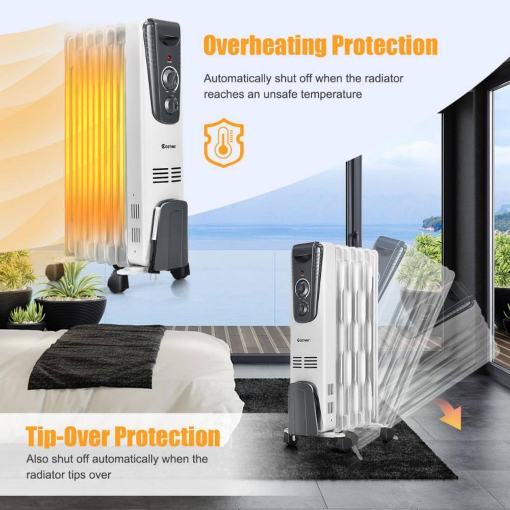 Topcobe 1500W Oil Filled Radiator with Thermostat and 4 Bottom Wheels, Easy-Mount Heater for Indoor Use, Energy Efficient, Safety, White