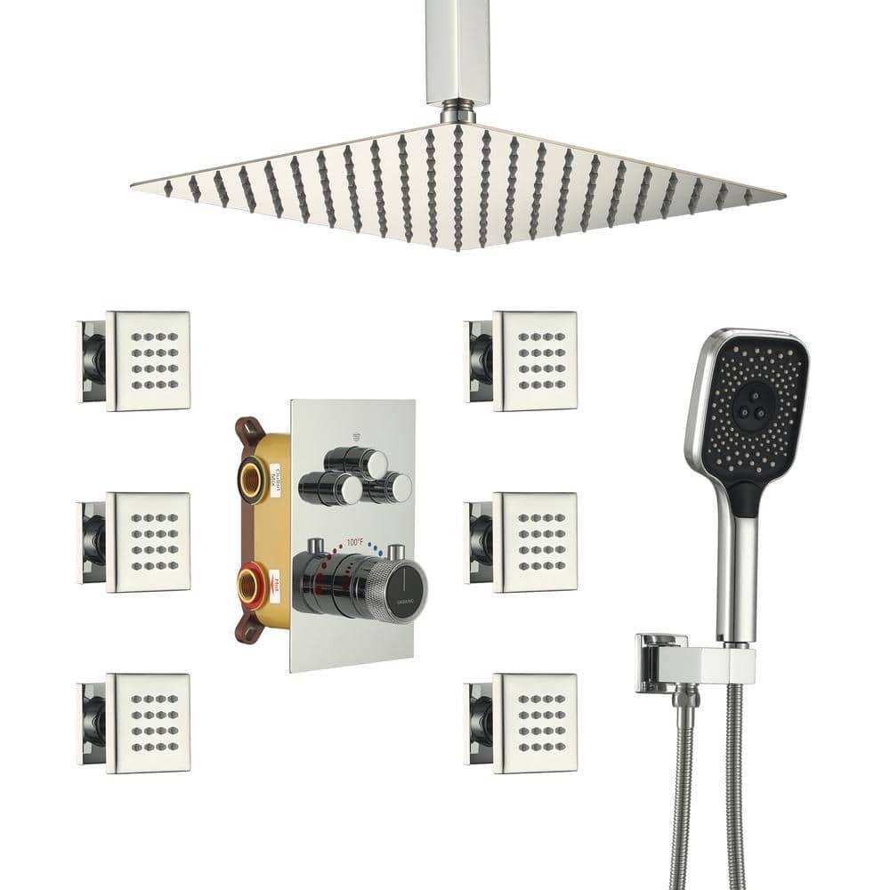 Revitalize 3-Function 12 Inch Ceiling Mount Rainfall Thermostatic Shower System with 6 Body Jets