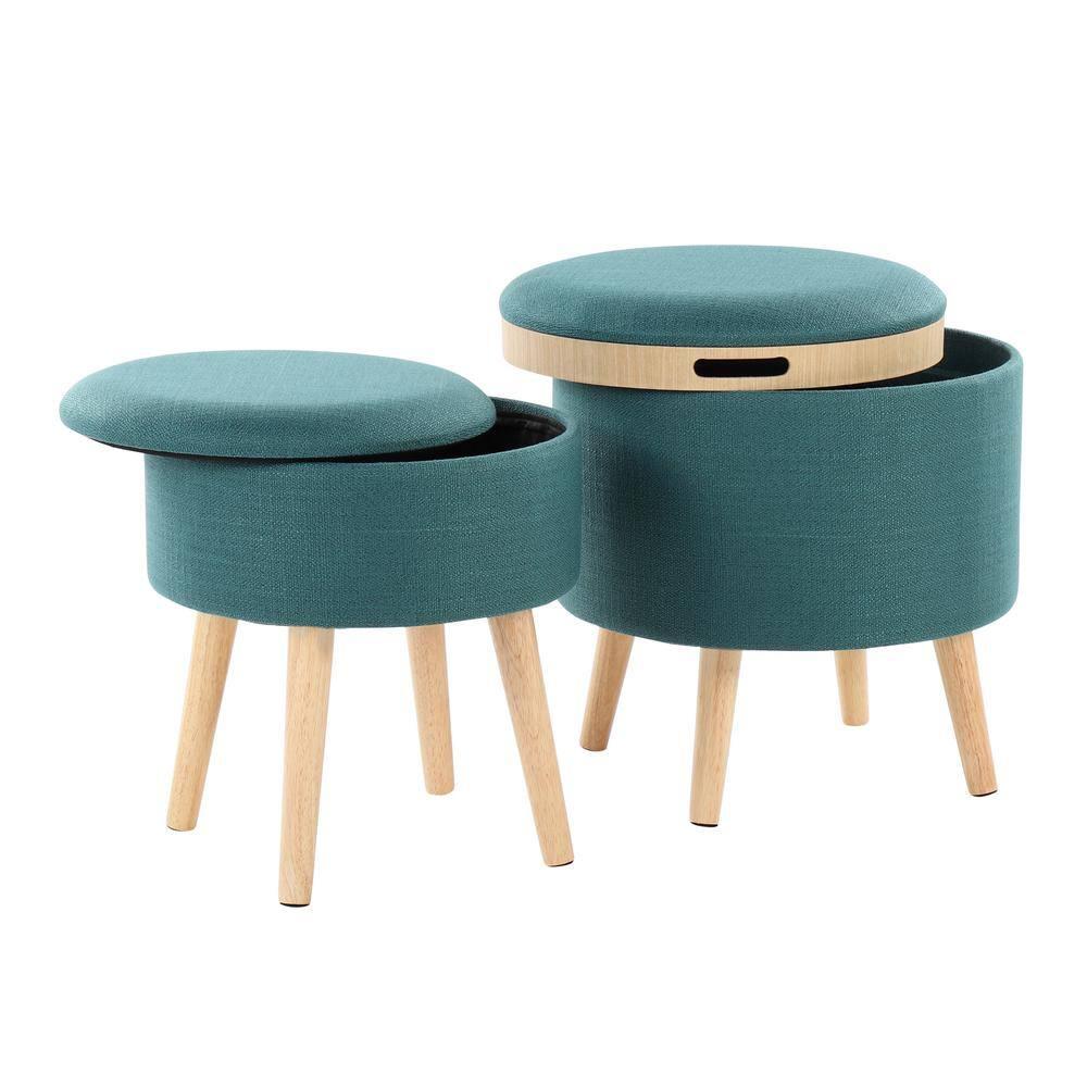LumiSource Natural Wood, Teal Fabric Tray Storage Ottoman Set