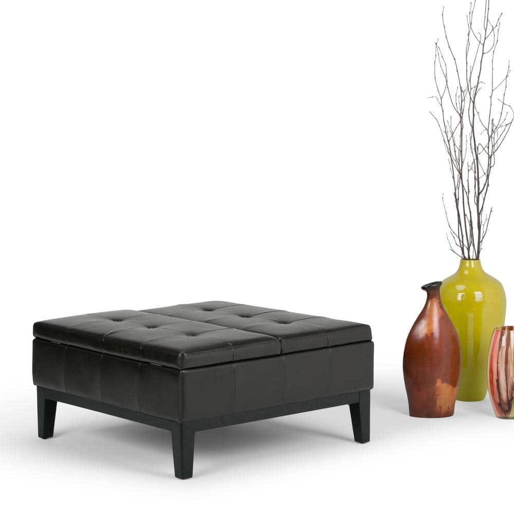 Simpli Home Dover 36"W Upholstered Square Coffee Table Storage Ottoman with Split Tufted Lift Top