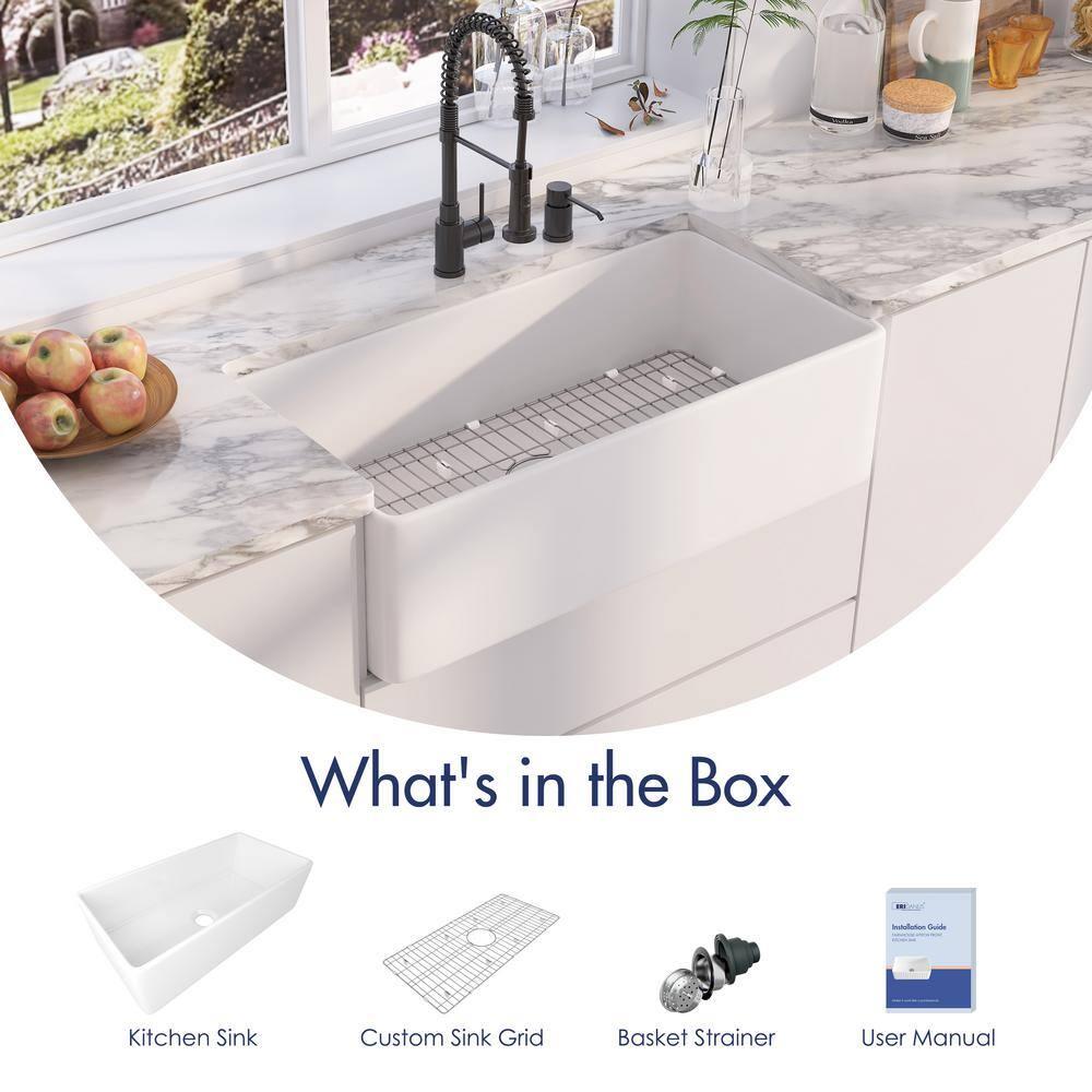 Denbigh 36'' W Farmhouse / Apron Single Bowl White Fireclay Kitchen Sink with Accessories