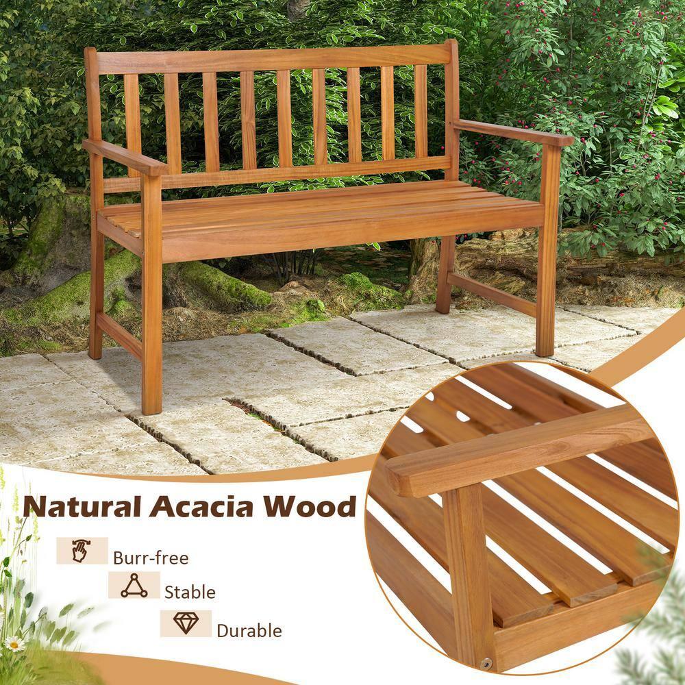 Natural Acacia Wood 2-Person Outdoor Bench with Armrests
