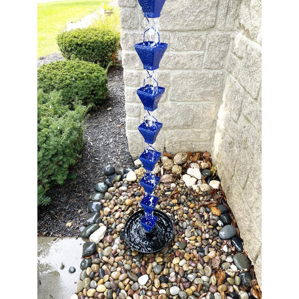 U-nitt Rain Chains, Roof Gutter Downspout Channel, Rainwater Catcher/Diverter, 8.5 FT, Metal, Blue Powder Coated, Texture Square, Modern, 5517BLU