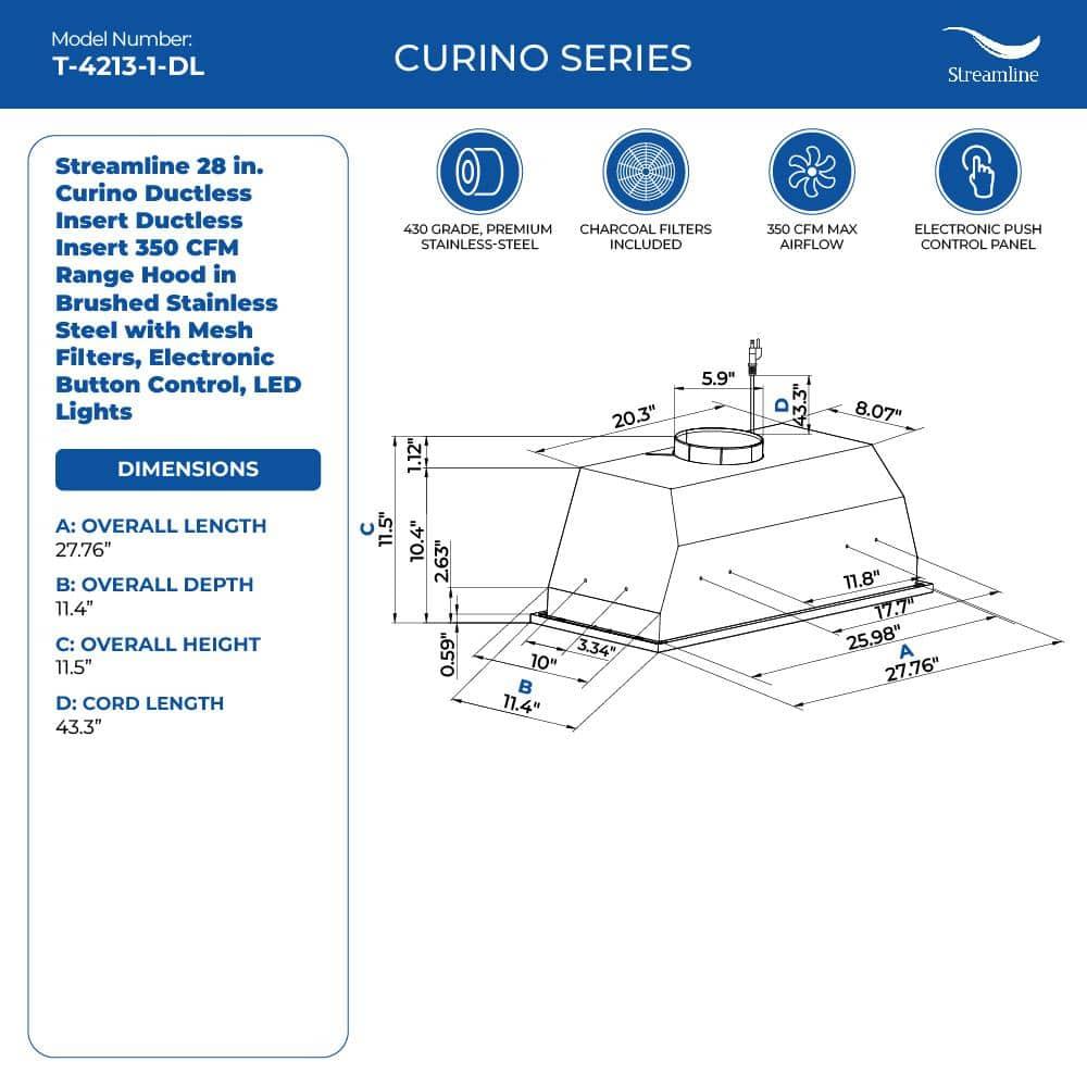 Streamline 28 in. Curino Ductless Insert 350 CFM Range Hood in Glossy Black with Mesh Filters, Electronic Button Control, LED Lights