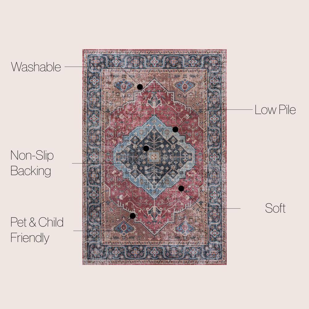 Alacati Ogee Medallion Machine-Washable Red/Blue/Brown 3 ft. x 5 ft. Area Rug - JONATHAN Y