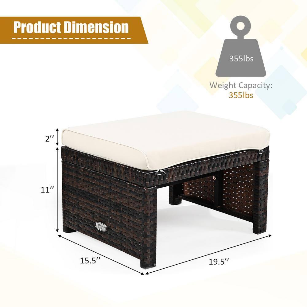 Spaco 2 Pieces Outdoor Patio Rattan Wicker Ottoman Set with Soft Cushion for Garden, Balcony, Poolside, White