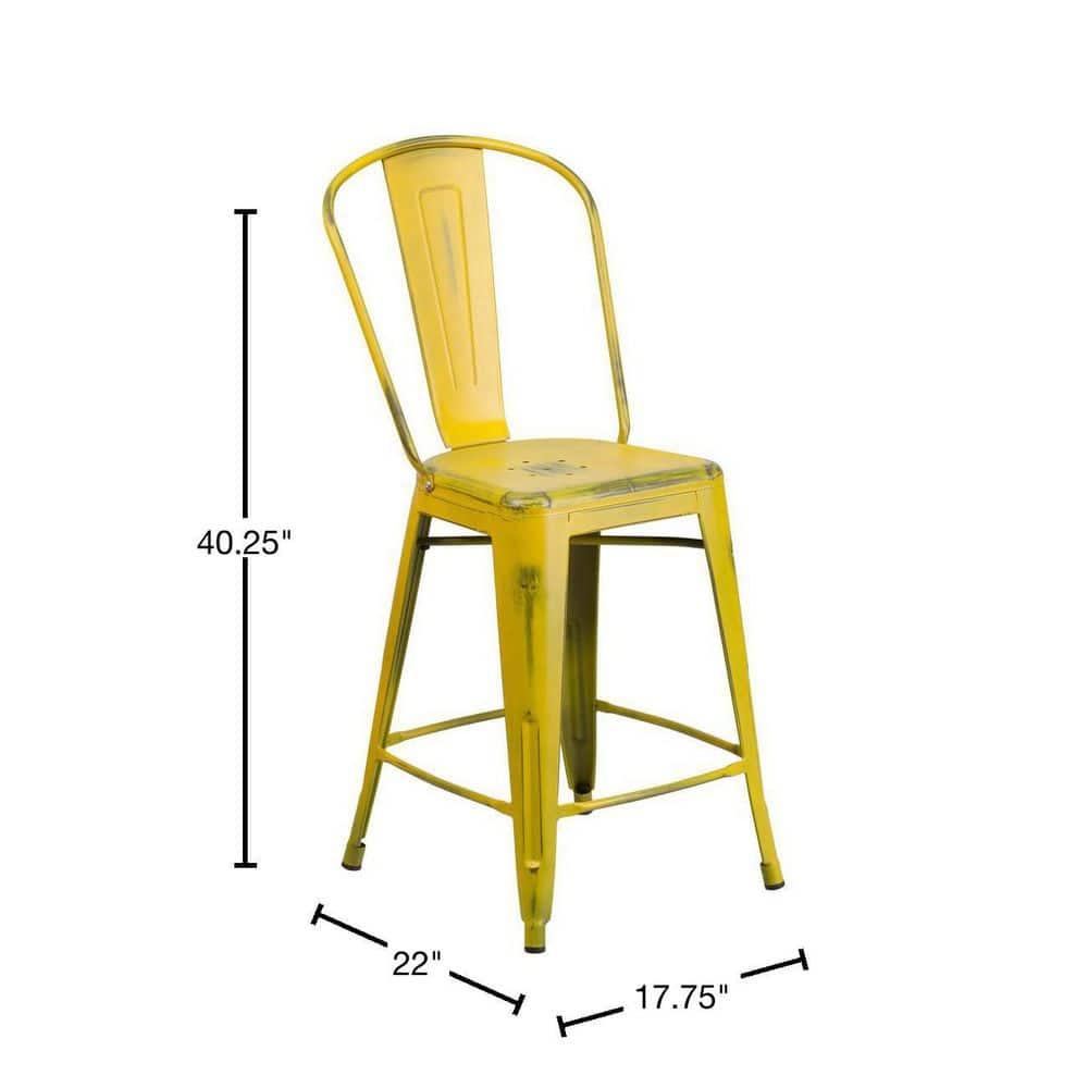 Flash Furniture Commercial Grade 24" High Distressed Yellow Metal Indoor-Outdoor Counter Height Stool with Back