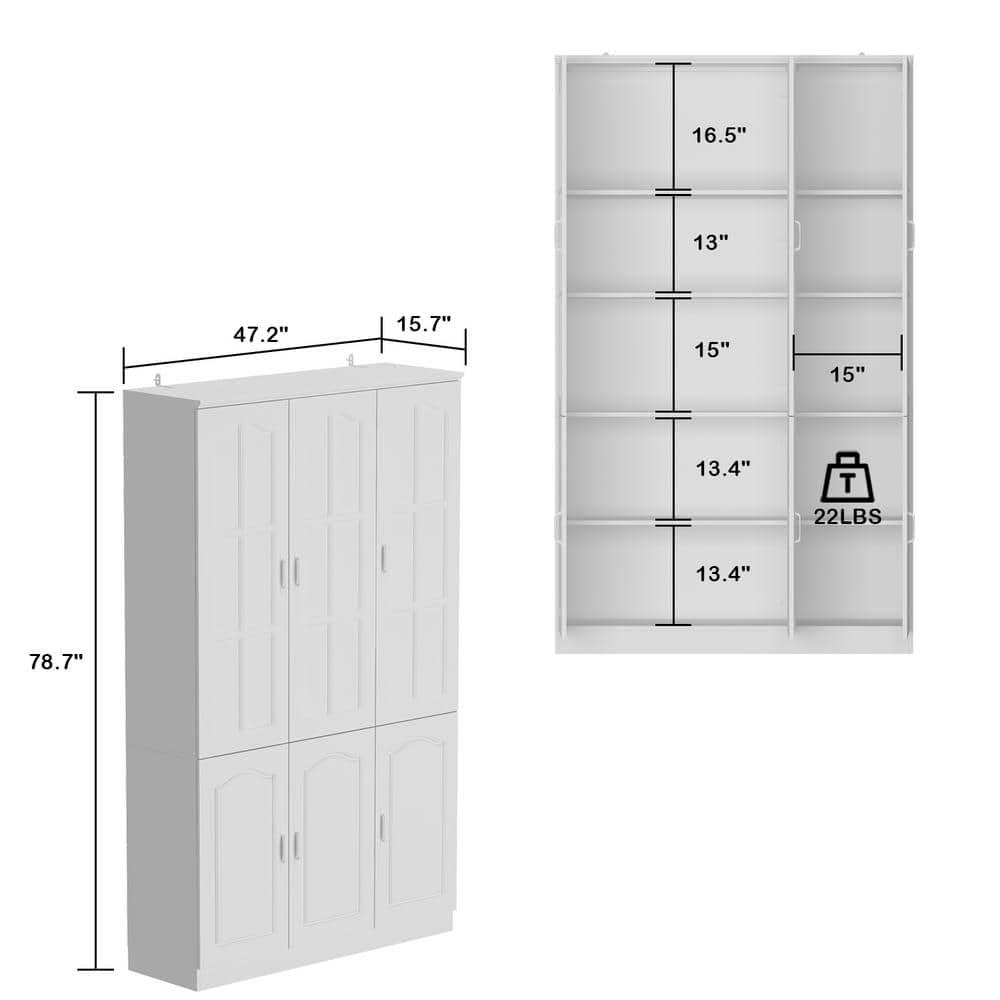 KULAGAGA 78.7" Kitchen Pantry Storage Cabinet, Freestanding Pantry with 6 Doors for Home Kitchen White