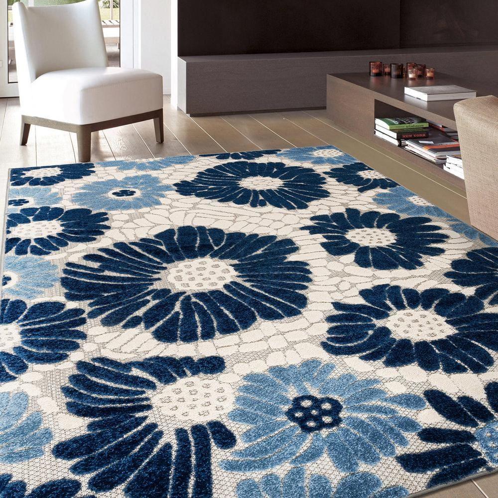 World Rug Gallery Palermo Modern Floral Indoor/Outdoor Area Rug - Navy 5' x 7':  Weather-Resistant,  Low Pile,  Botanical Pattern