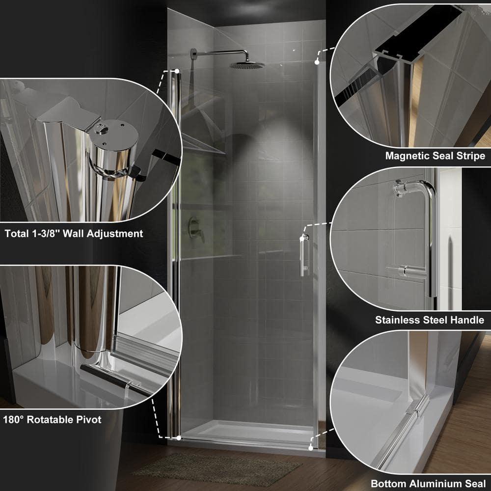 37-3/8 In Semi-Frameless Pivot Shower Door in Chrome With Clear Glass