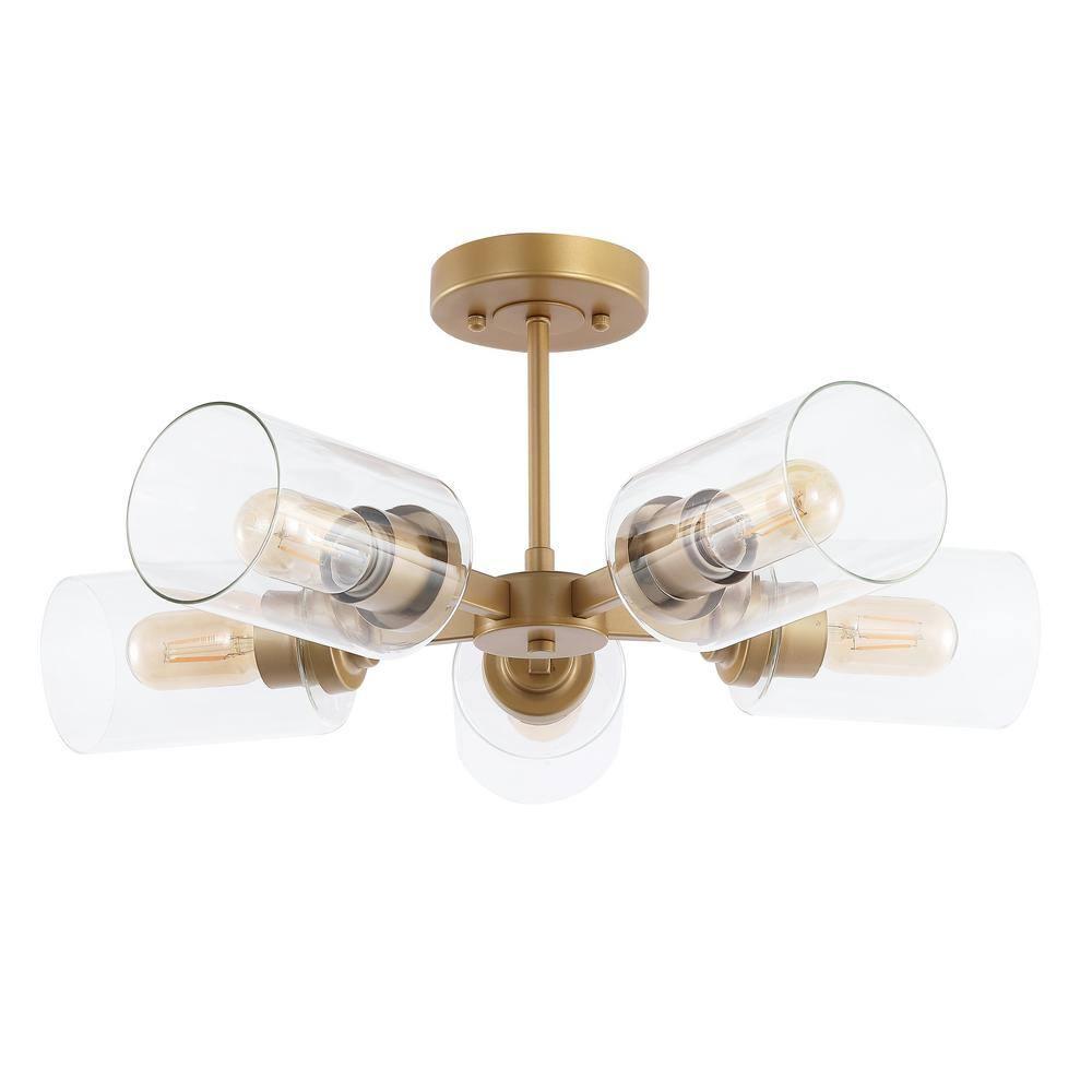Jaynie 21.5" 5-Light Farmhouse Industrial Iron Cylinder LED Semi Flush Mount, Brass Gold/Clear