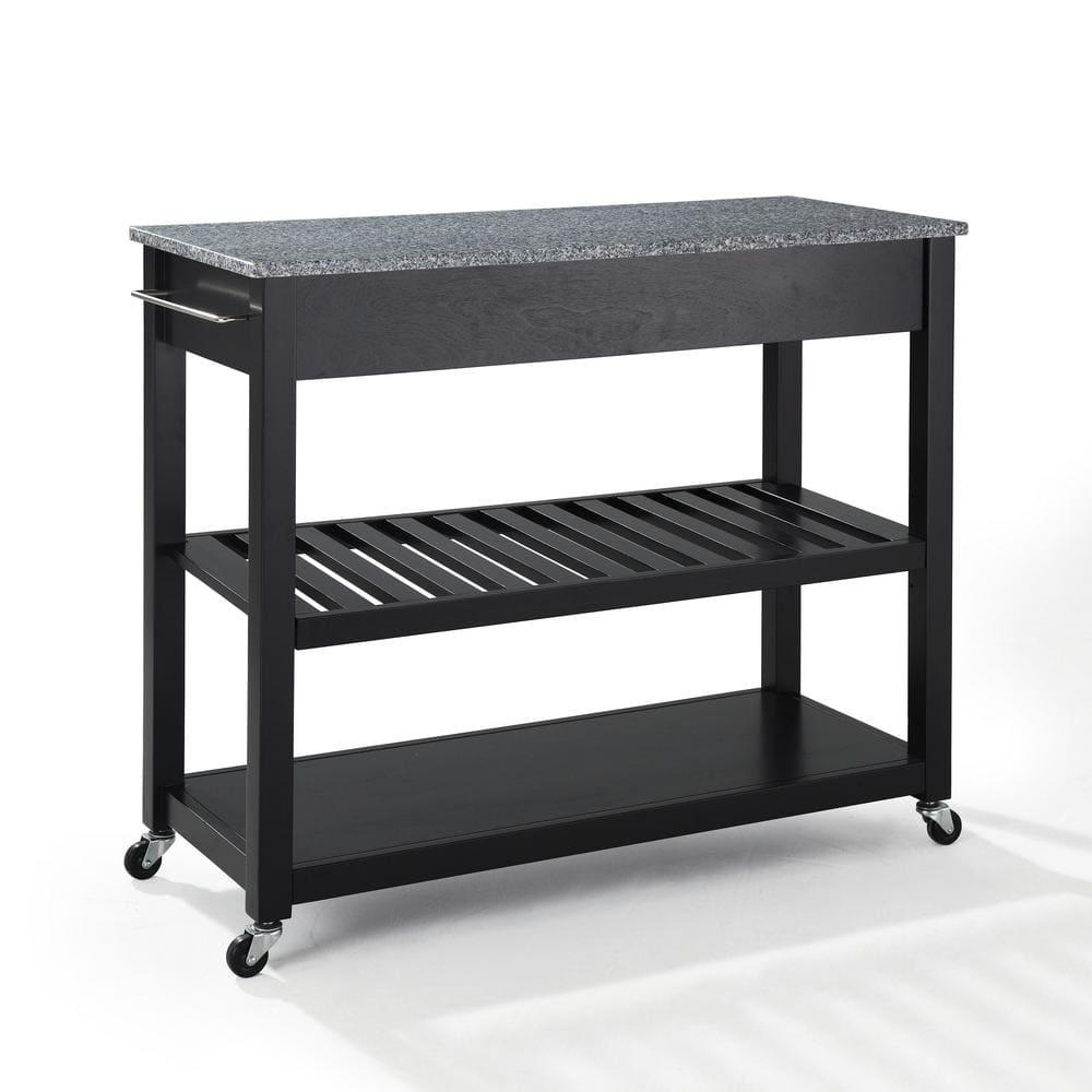 Solid Granite Top Kitchen Cart/Island with Optional Stool Storage - Black - Crosley: Wheeled with Storage Shelves