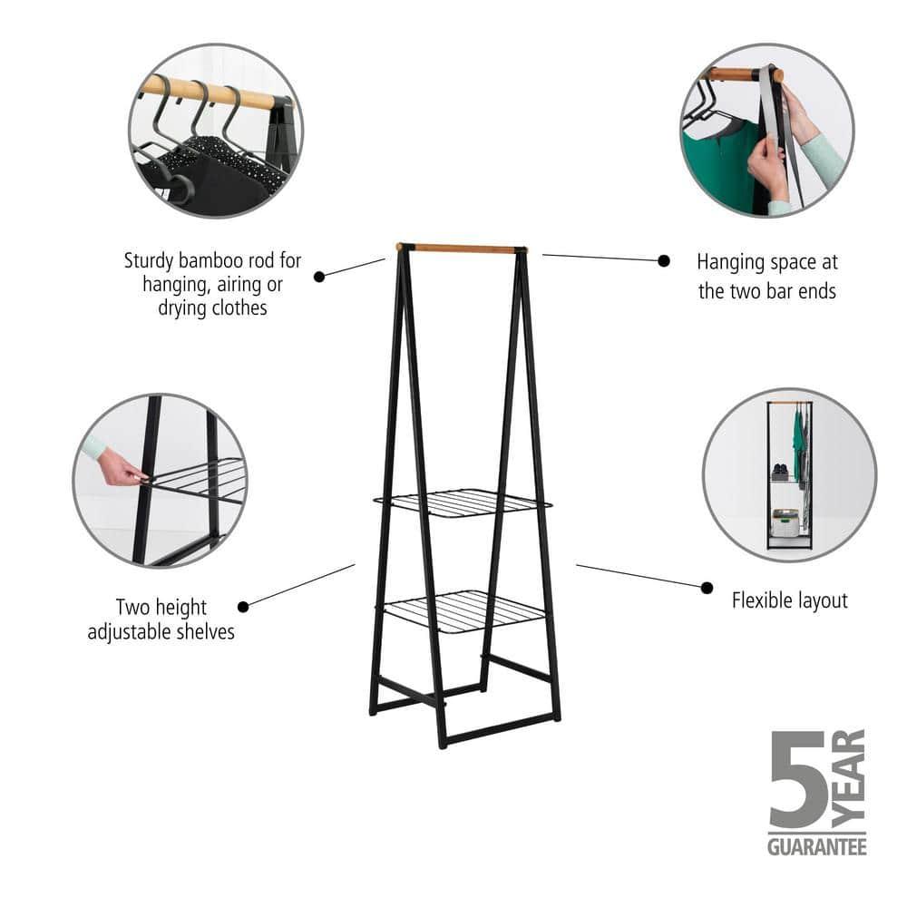 Black Steel and Bamboo Freestanding Garment Rack with Adjustable Shelves
