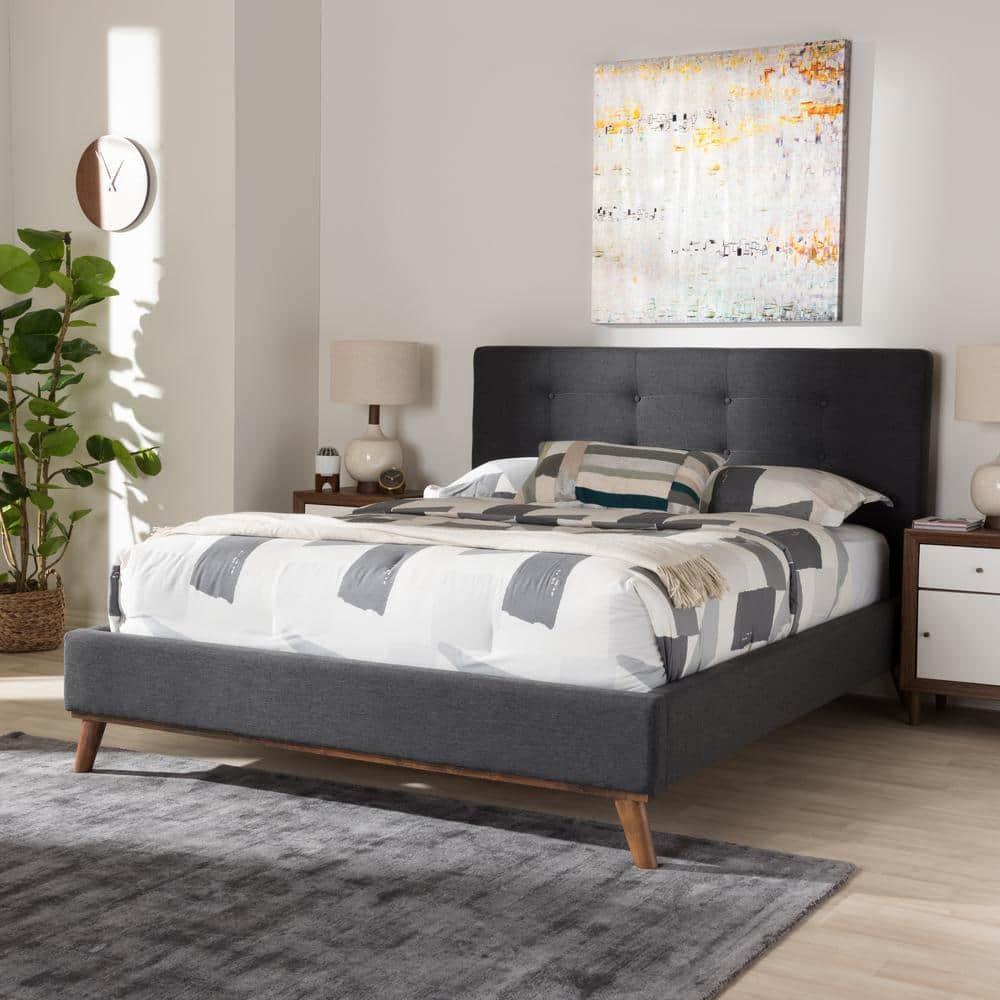 Valencia Mid Modern Fabric Platform King Bed Dark Gray - Baxton Studio: Upholstered Headboard, Tapered Legs
