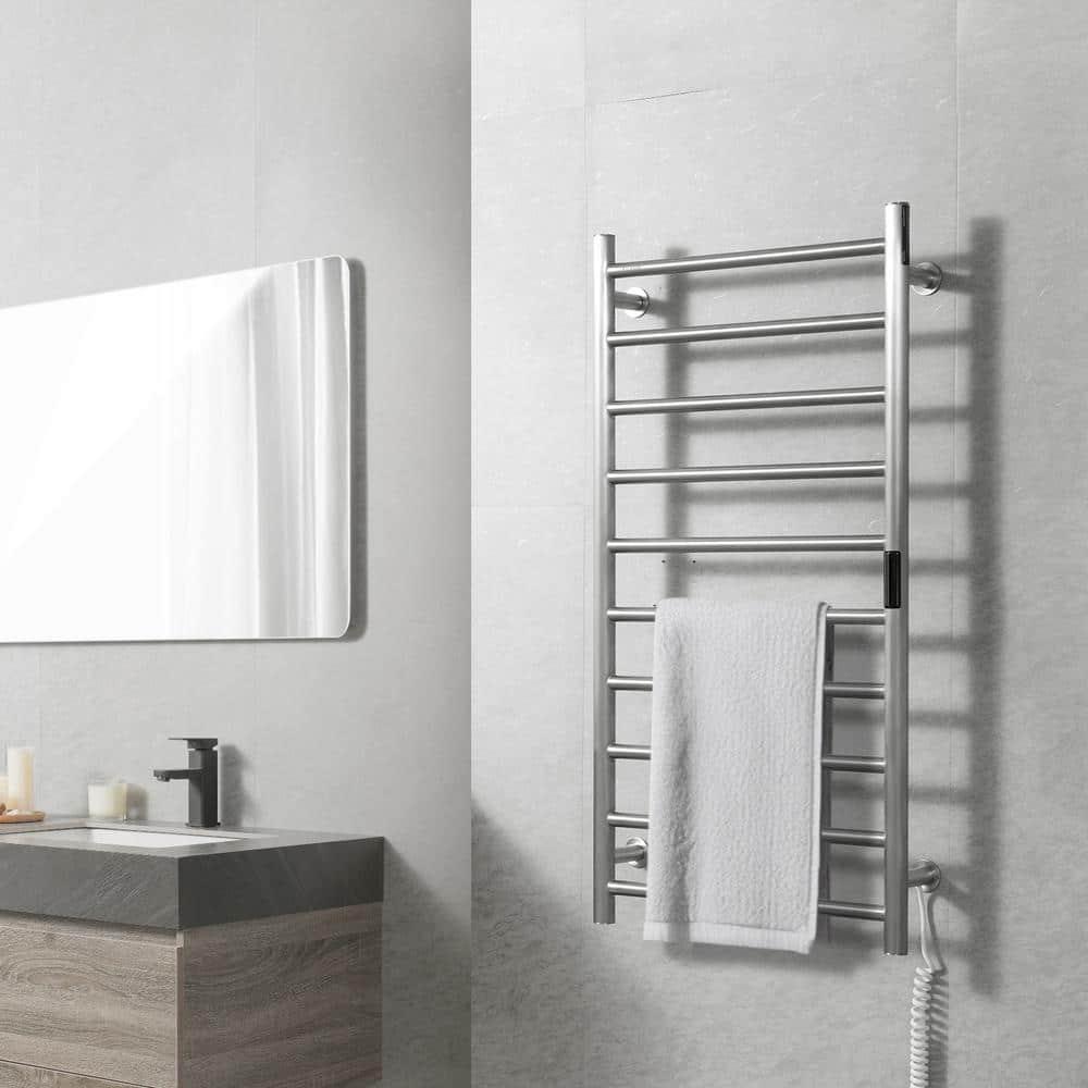 VEVOR 10 Bars Towel Warmer Rack, Wall Mounted Heated Towel Rack for Bathroom, IPX5 Waterpoof Towel Heater Rack with Timer & Display Screen, Silver