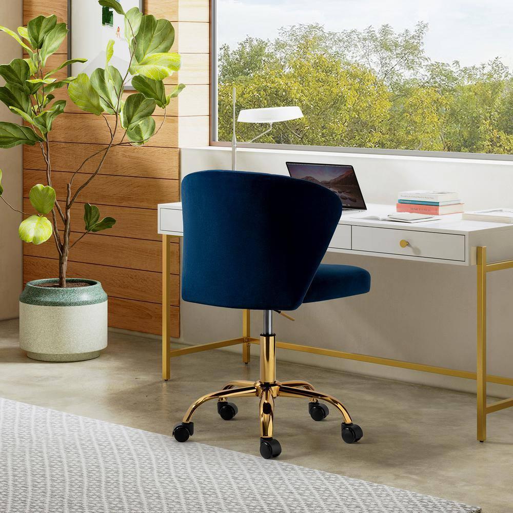 Navy Velvet Swivel Office Chair with Gold Legs, Adjustable Height Rolling Desk Chair for Vanity