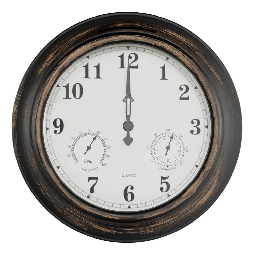 Pure Garden 18” Outdoor Clock with Thermometer & Hygrometer – Waterproof Wall Clock, Bronze Finish