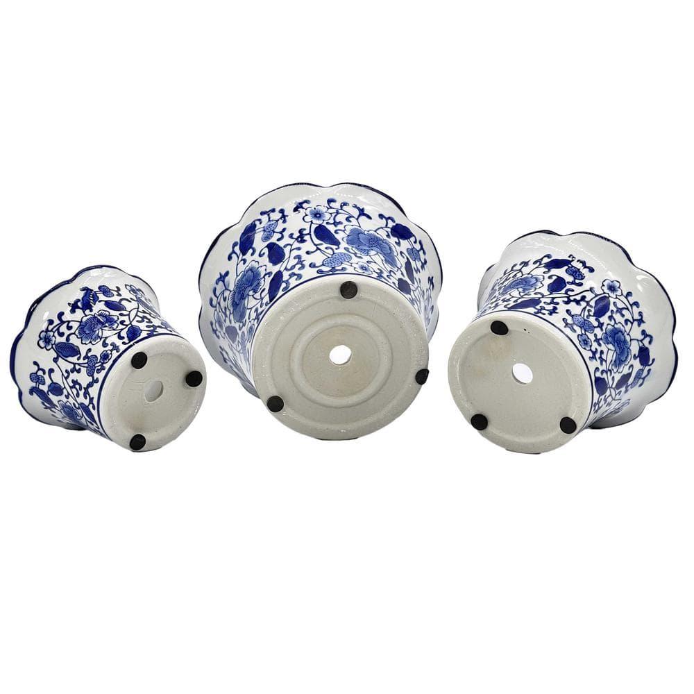 Set of 3 Blue & White Floral Ceramic Pots Ruffled Lip